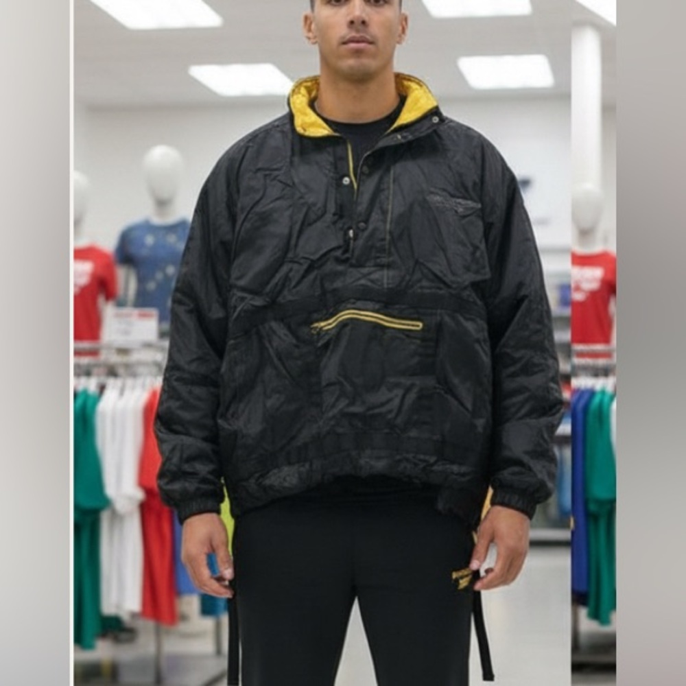 Reebok Men's Black Windbreaker with Yellow Accents